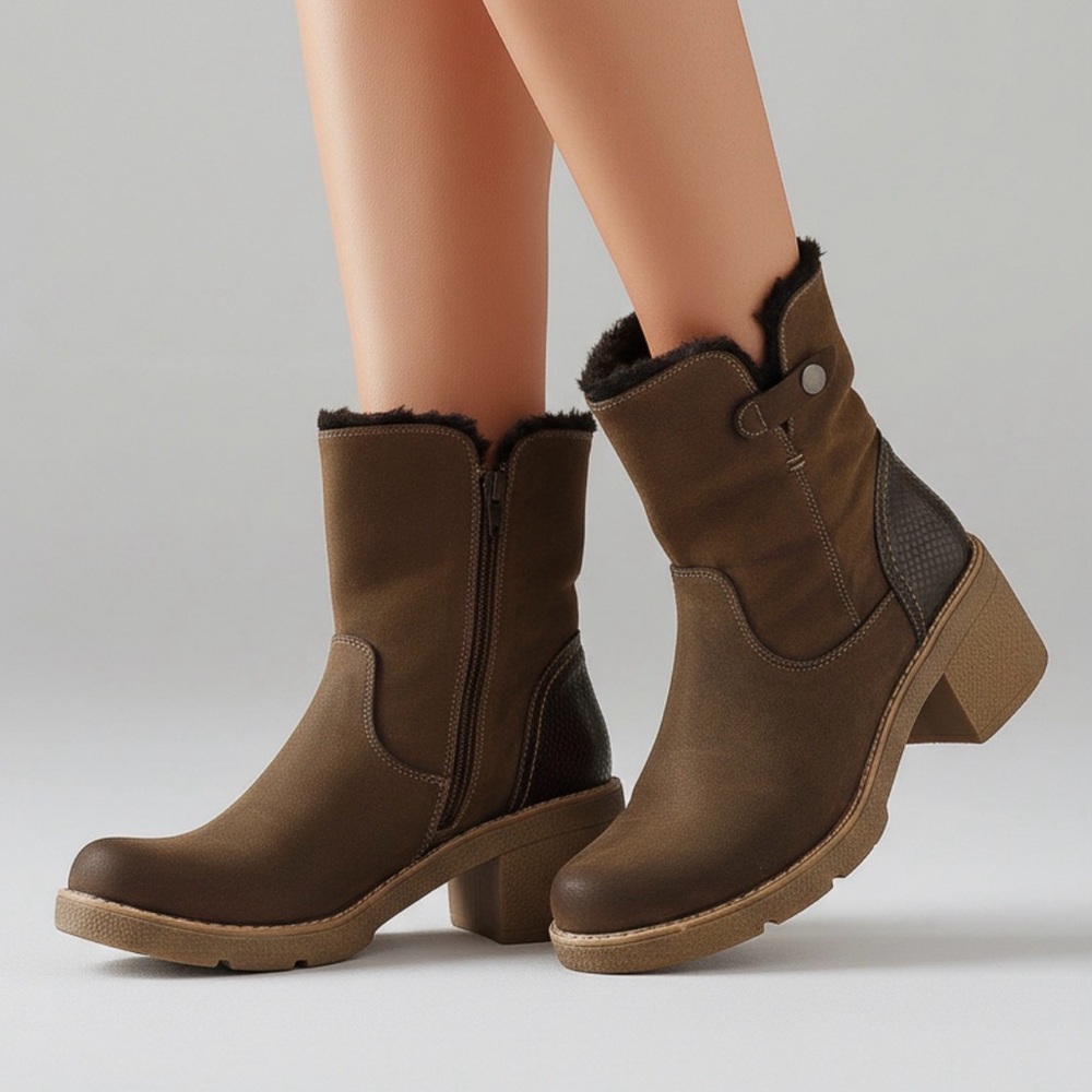 Stylish Brown Heeled Boots with Faux Fur Trim